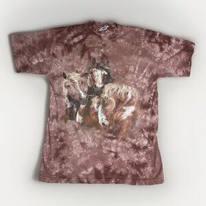 Polar Graphics USA T-Shirt Men’s Women’s Large Horses Theme Brown Tie Dye Flaw